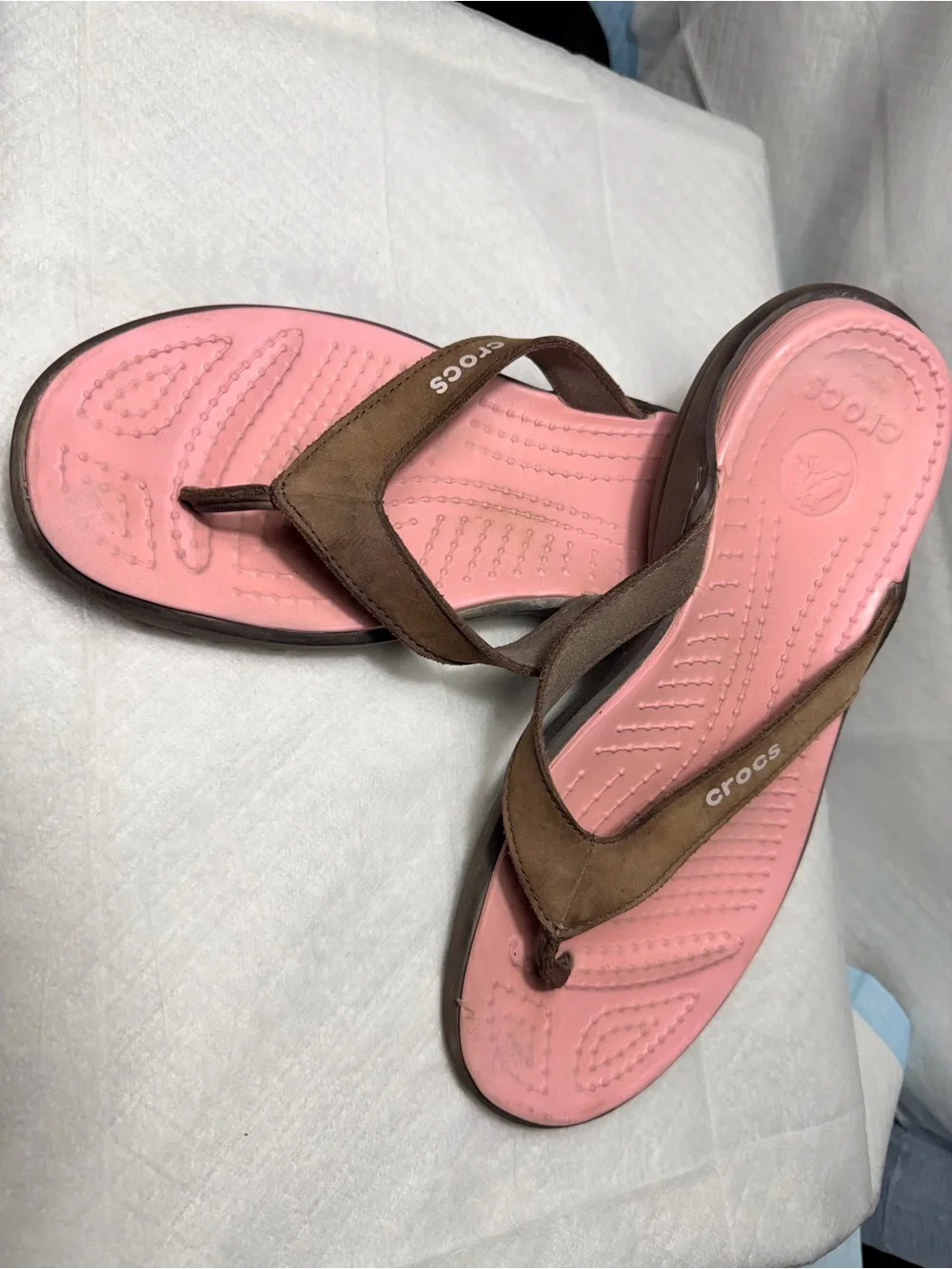 CROCS Women’s Pink Footbed Brown Leather Strap Sandals